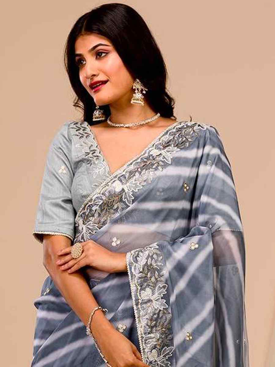 Grey Georgette Embroidered Party Festival Heavy Border Saree