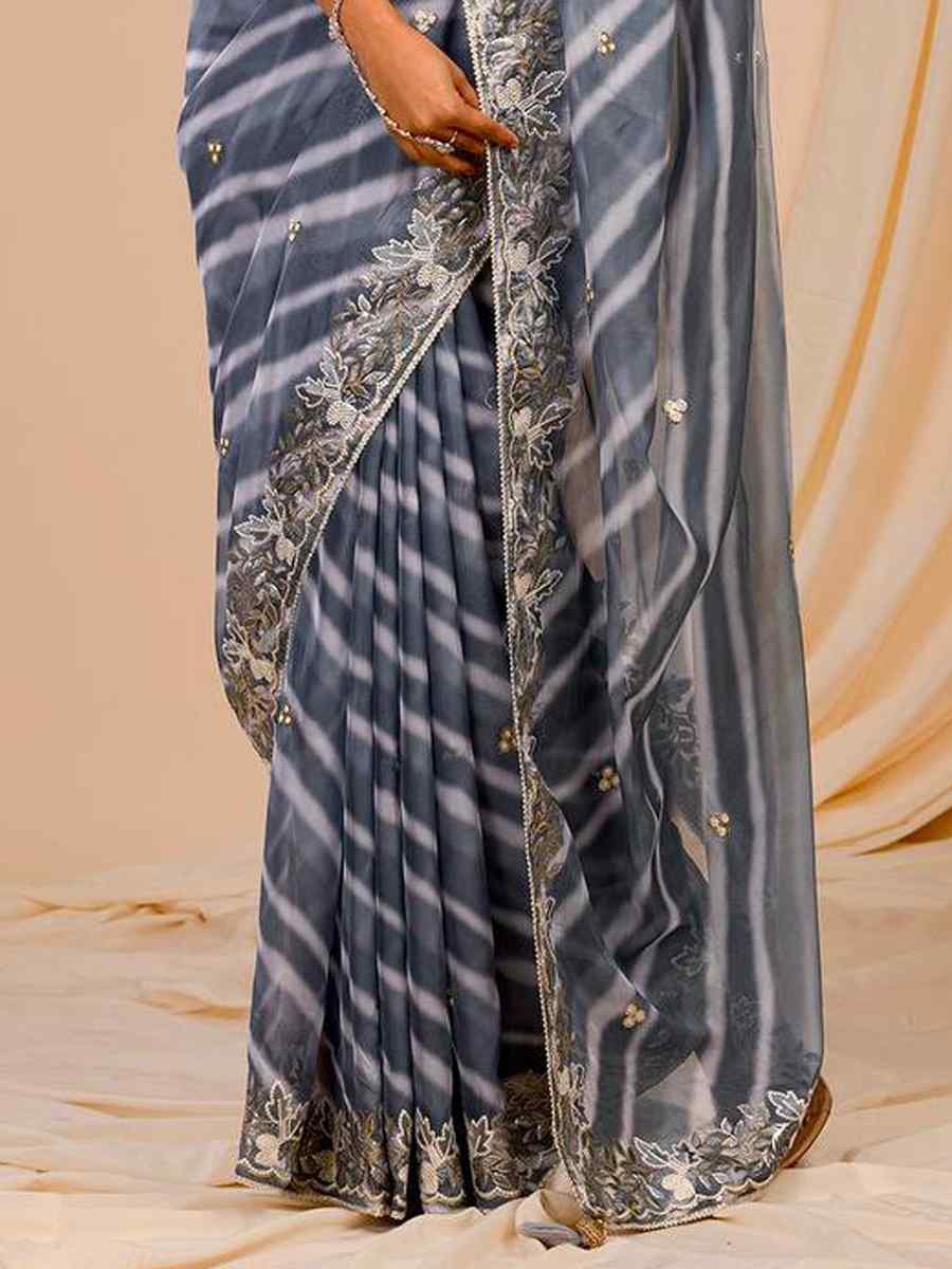 Grey Georgette Embroidered Party Festival Heavy Border Saree