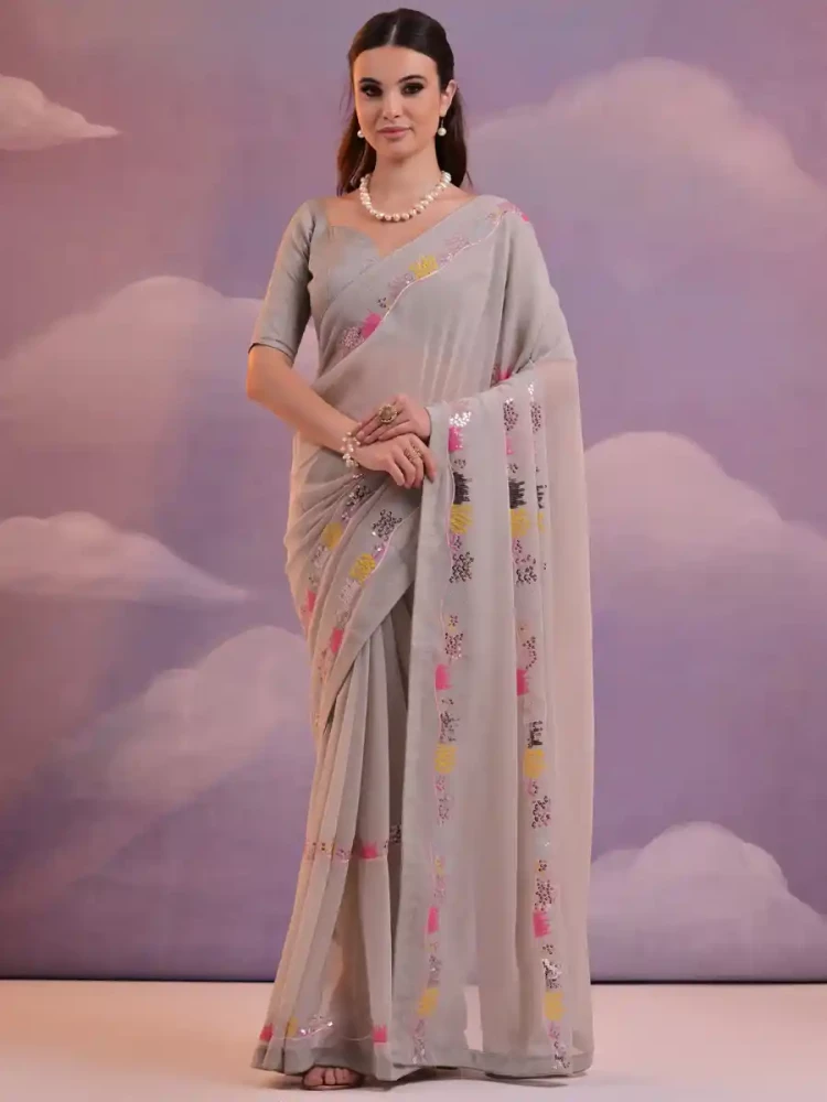 Grey Georgette Handwoven Festival Casual Classic Style Saree