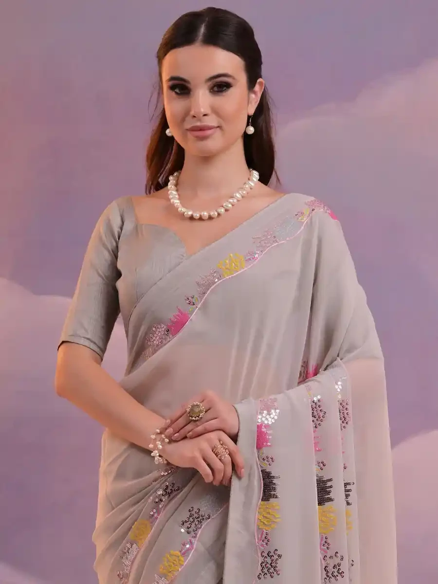 Grey Georgette Handwoven Festival Casual Classic Style Saree