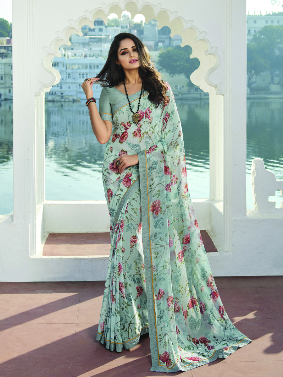 Grey Georgette Printed Casual Festival Contemporary Saree