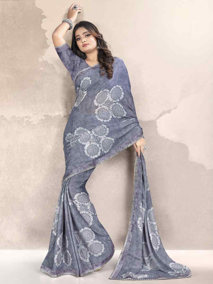 Grey Georgette Printed Festival Casual Contemporary Saree