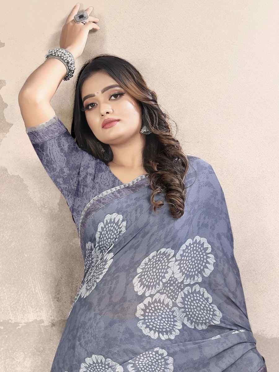 Grey Georgette Printed Festival Casual Contemporary Saree