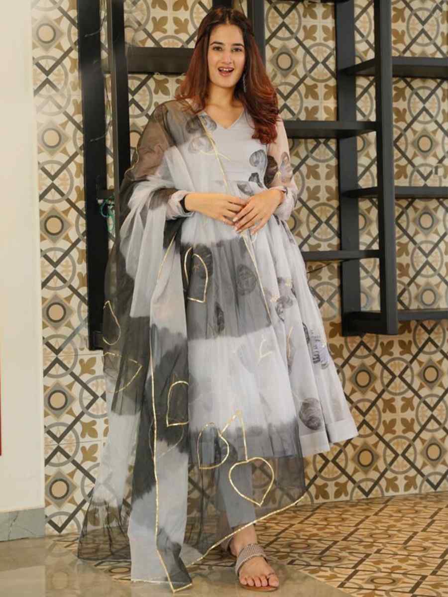 Grey Georgette Printed Festival Party Ready Anarkali Salwar Kameez