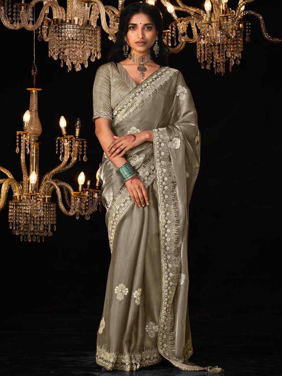 Grey Glass Tissue Silk Embroidered Party Reception Heavy Border Saree