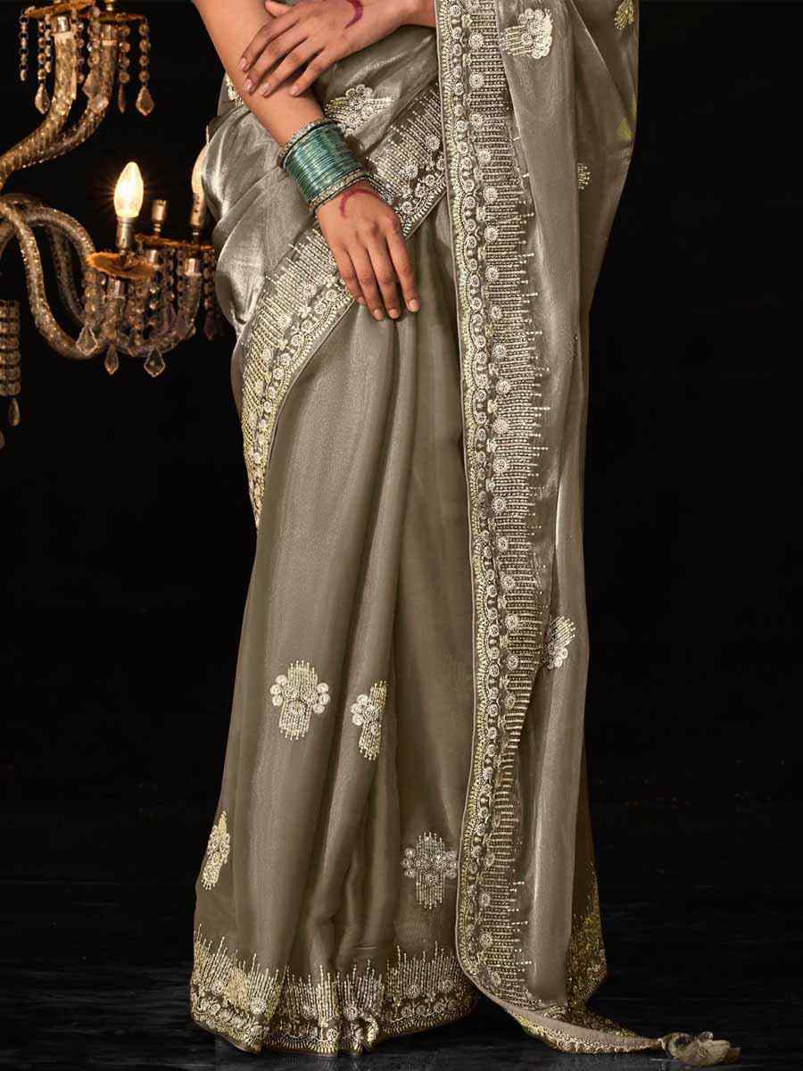 Grey Glass Tissue Silk Embroidered Party Reception Heavy Border Saree