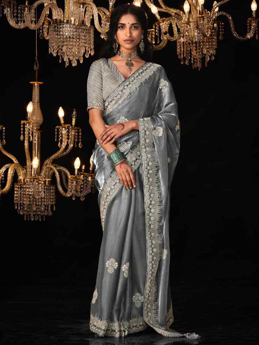 Grey Glass Tissue Silk Embroidered Party Reception Heavy Border Saree