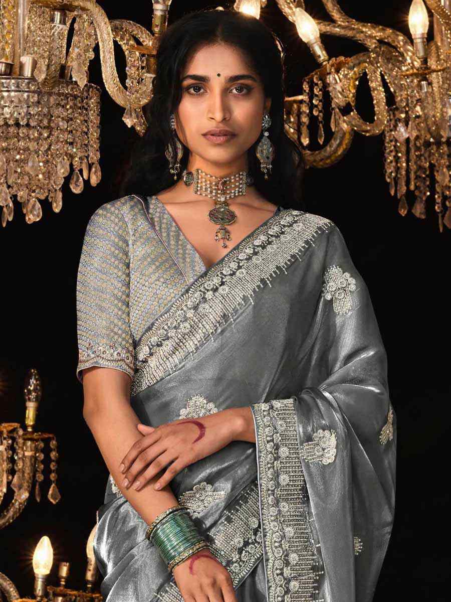 Grey Glass Tissue Silk Embroidered Party Reception Heavy Border Saree