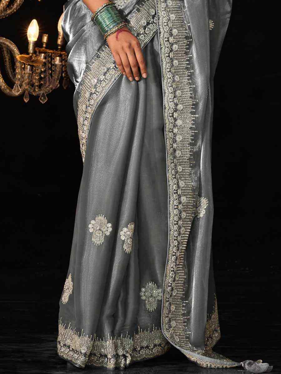 Grey Glass Tissue Silk Embroidered Party Reception Heavy Border Saree