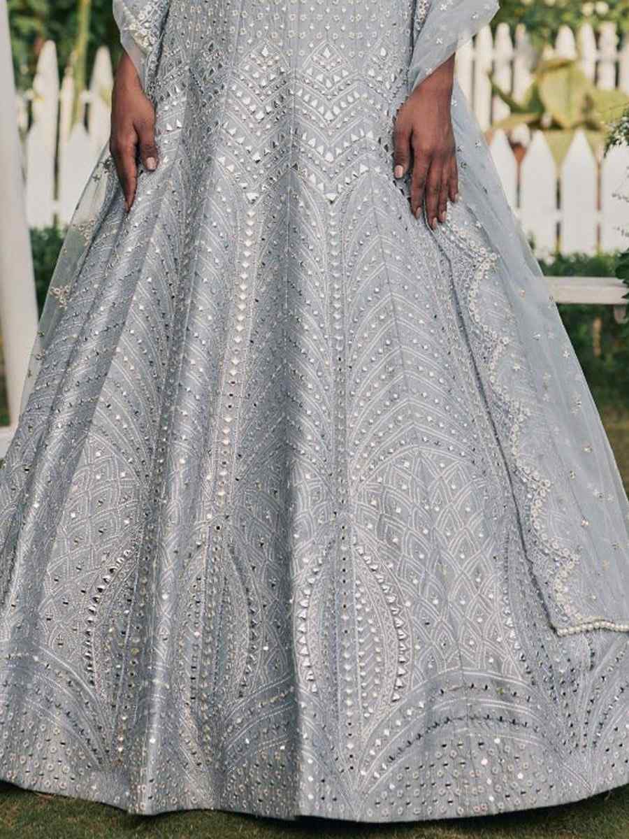 Grey Heavy Banglory Silk Embroidery Reception Party Wear Heavy Border Lehenga Choli