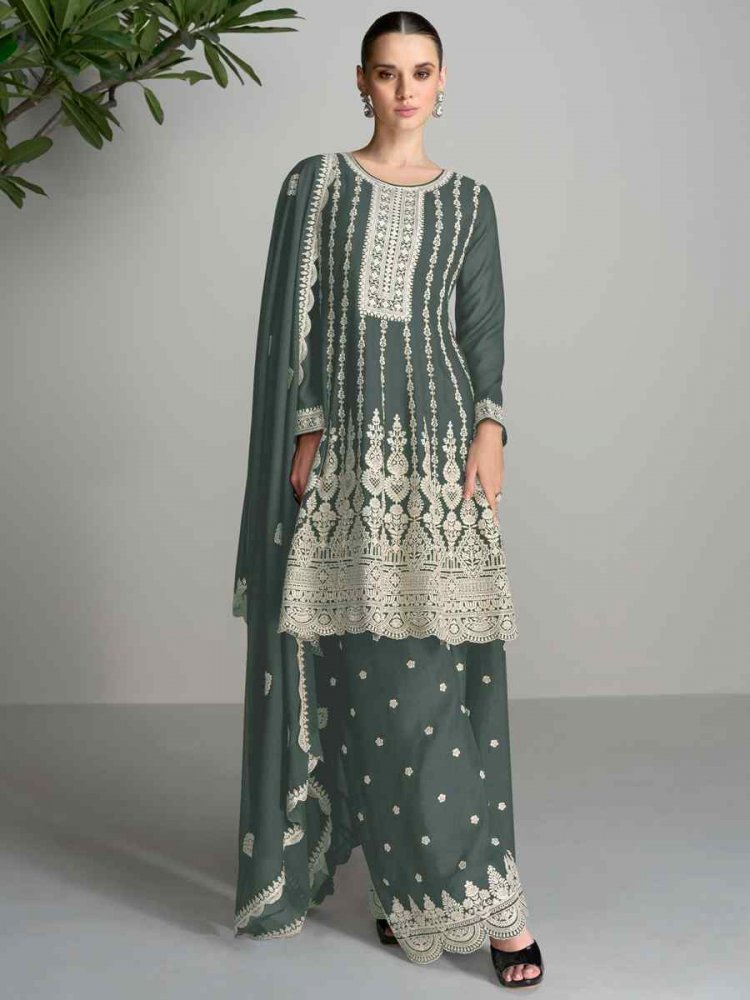 Grey Heavy Blomming Chinon Embroidered Festival Casual Palazzo Pant Salwar Kameez