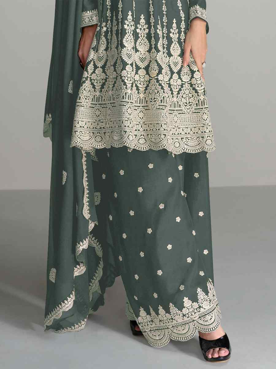 Grey Heavy Blomming Chinon Embroidered Festival Casual Palazzo Pant Salwar Kameez