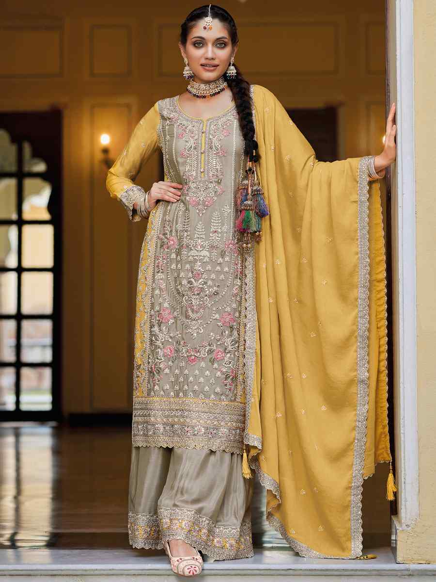 Grey Heavy Chinon Embroidered Festival Wedding Palazzo Pant Salwar Kameez