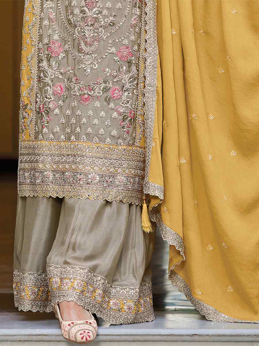 Grey Heavy Chinon Embroidered Festival Wedding Palazzo Pant Salwar Kameez