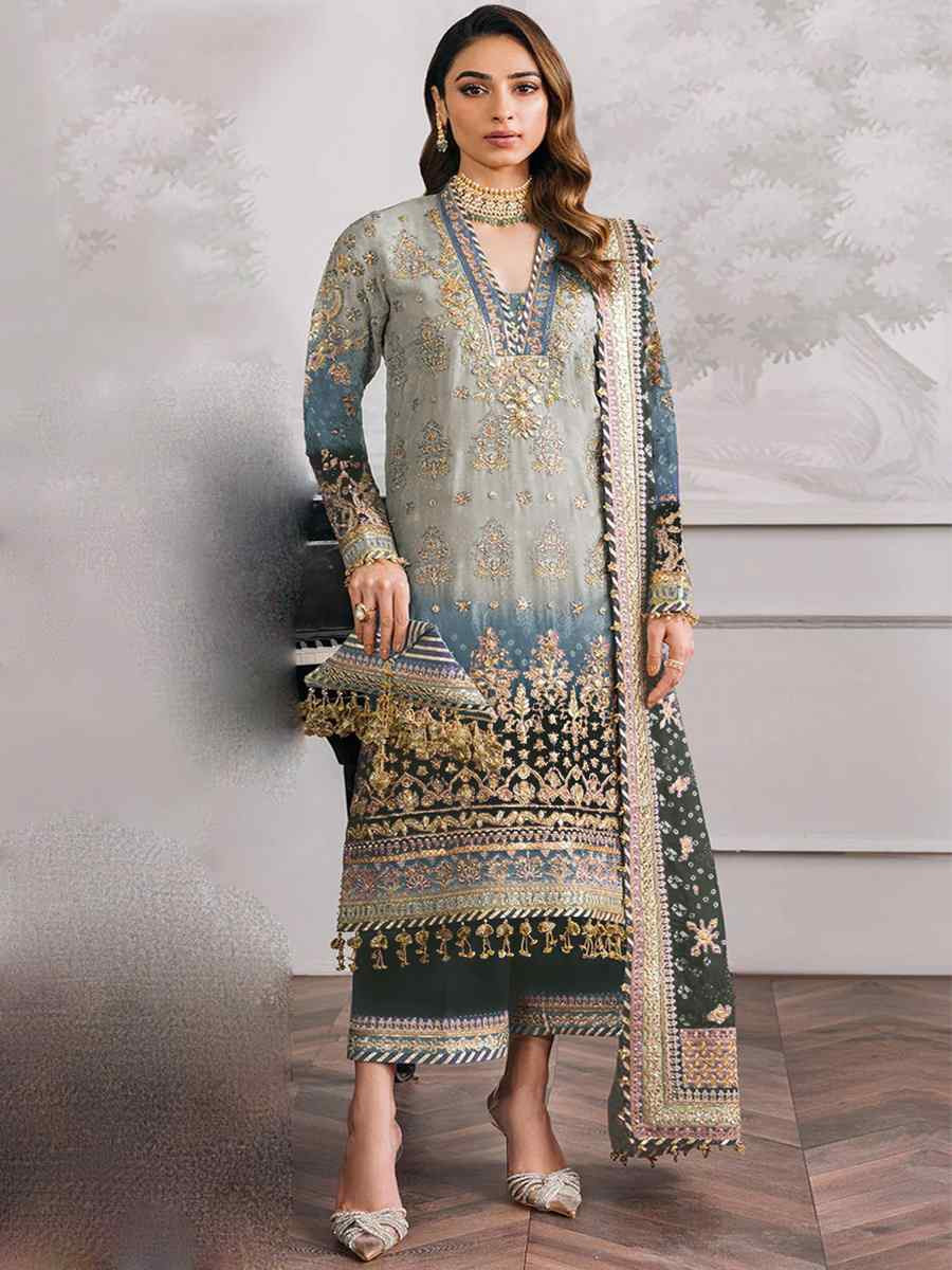 Grey Heavy Faux Georgette Embroidered Festival Casual Pant Salwar Kameez