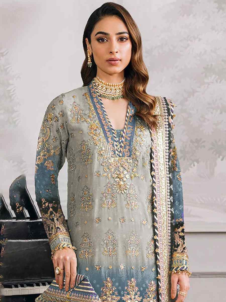 Grey Heavy Faux Georgette Embroidered Festival Casual Pant Salwar Kameez