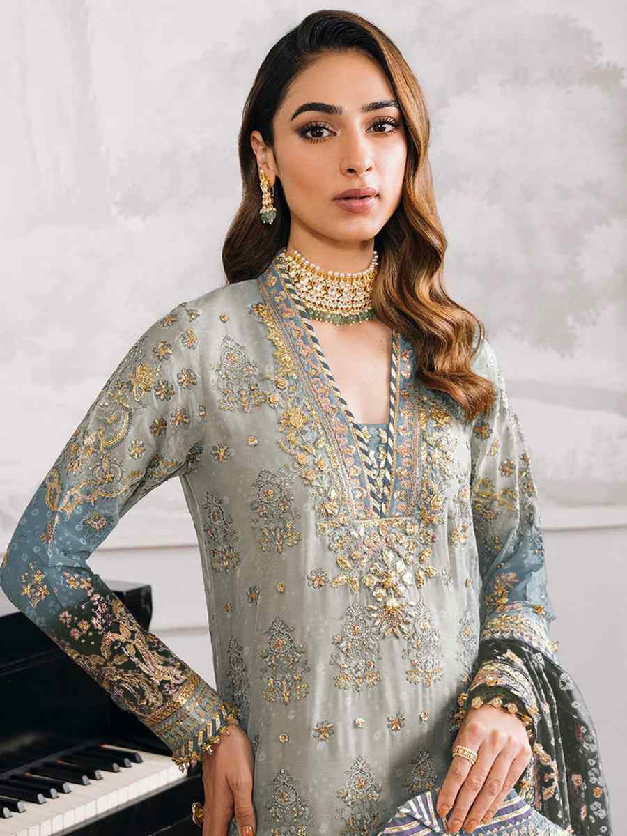 Grey Heavy Faux Georgette Embroidered Festival Casual Pant Salwar Kameez