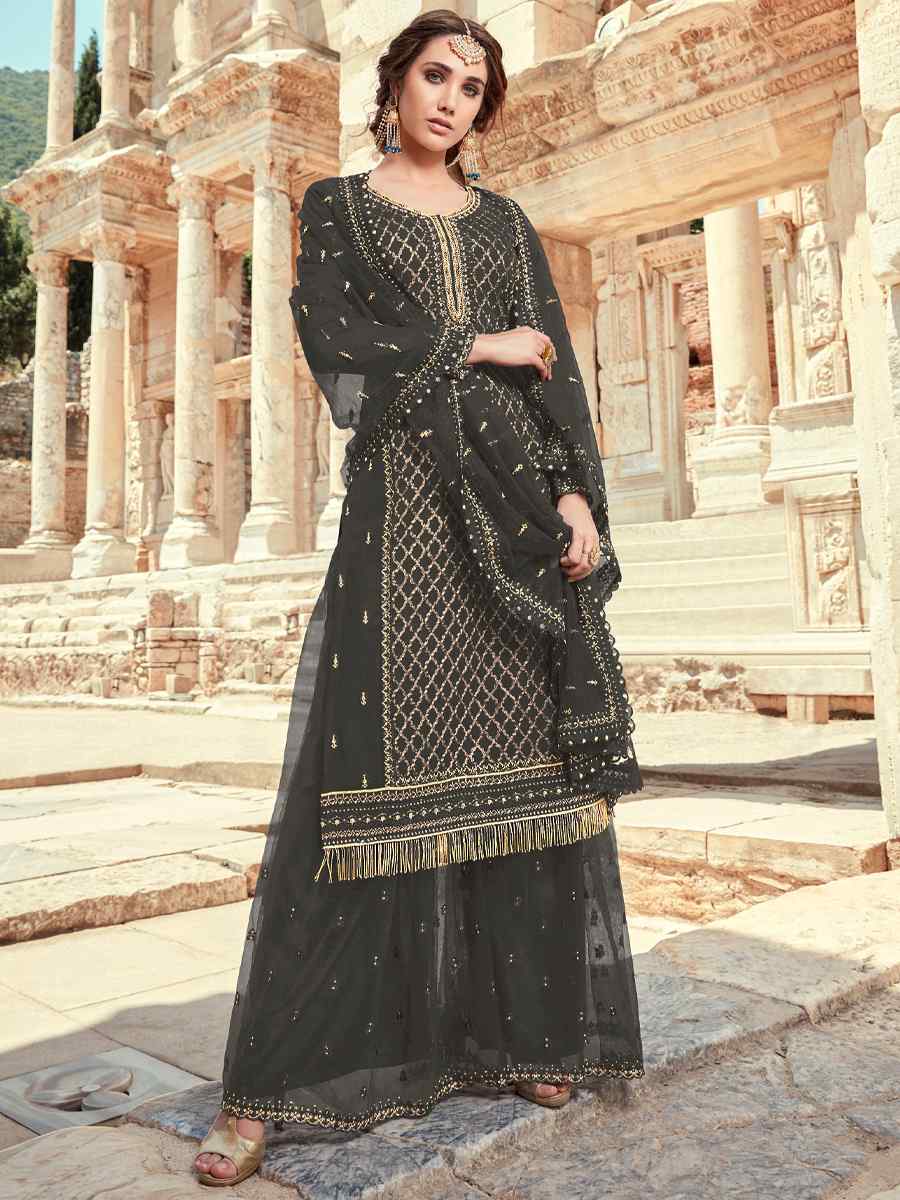 Grey Heavy Faux Georgette Embroidered Festival Mehendi Palazzo Pant Salwar Kameez