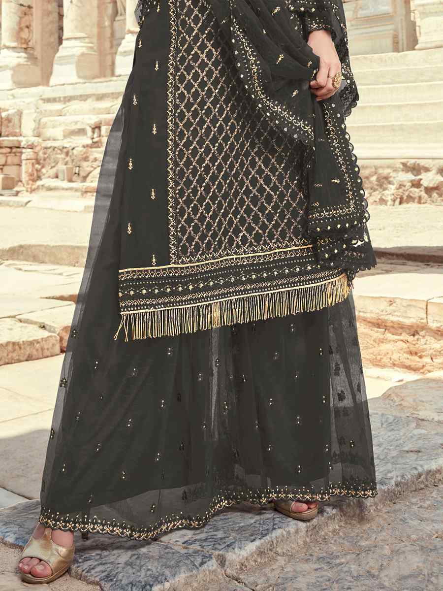 Grey Heavy Faux Georgette Embroidered Festival Mehendi Palazzo Pant Salwar Kameez