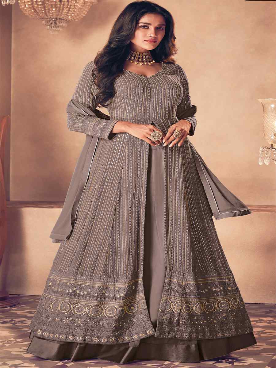 Grey Heavy Faux Georgette Embroidered Festival Wedding Anarkali Salwar Kameez