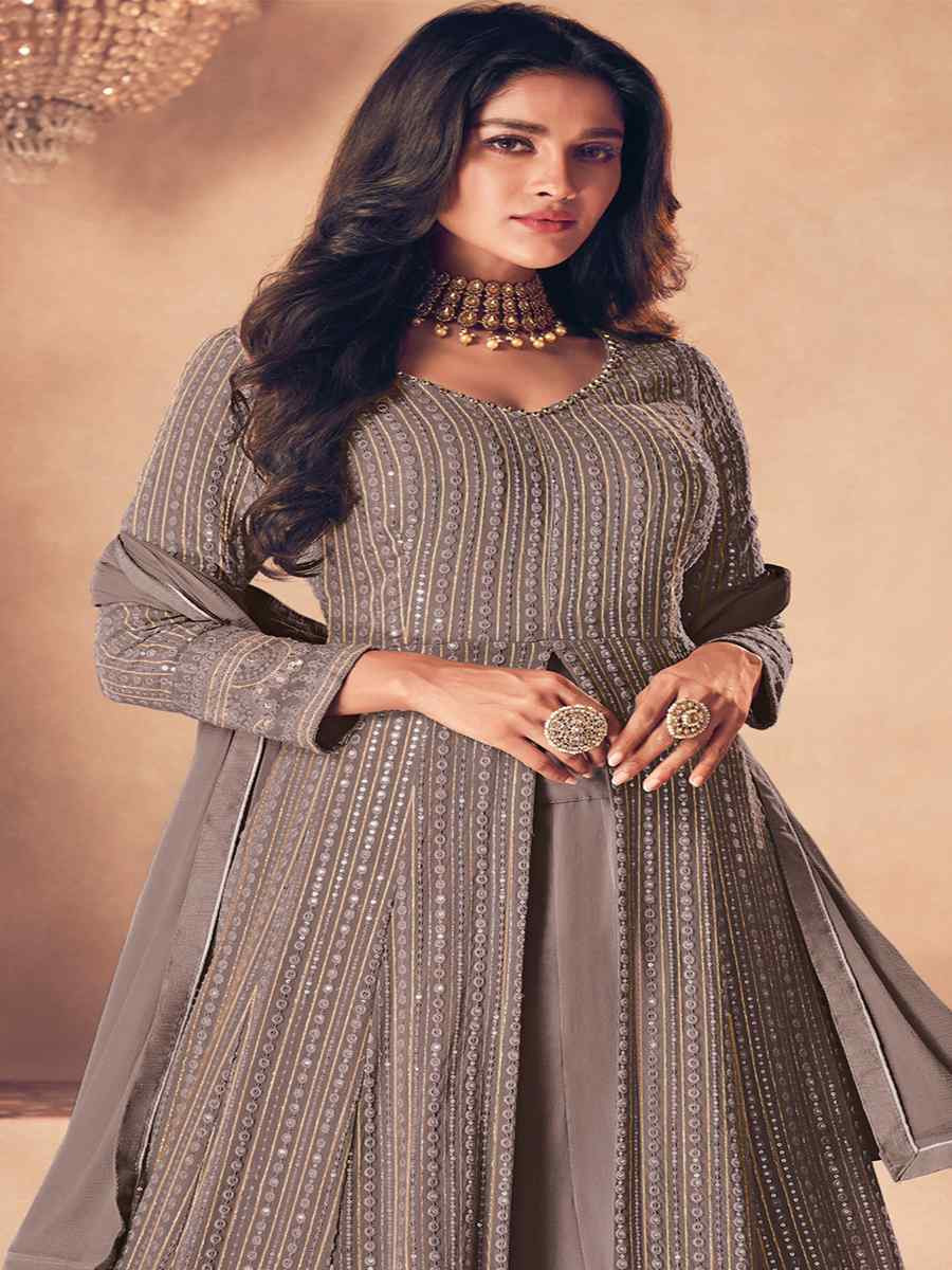 Grey Heavy Faux Georgette Embroidered Festival Wedding Anarkali Salwar Kameez