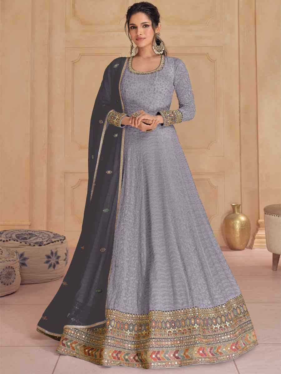 Grey Heavy Faux Georgette Embroidered Festival Wedding Anarkali Salwar Kameez