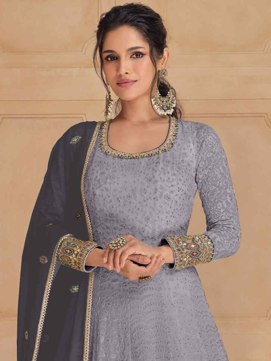 Grey Heavy Faux Georgette Embroidered Festival Wedding Anarkali Salwar Kameez