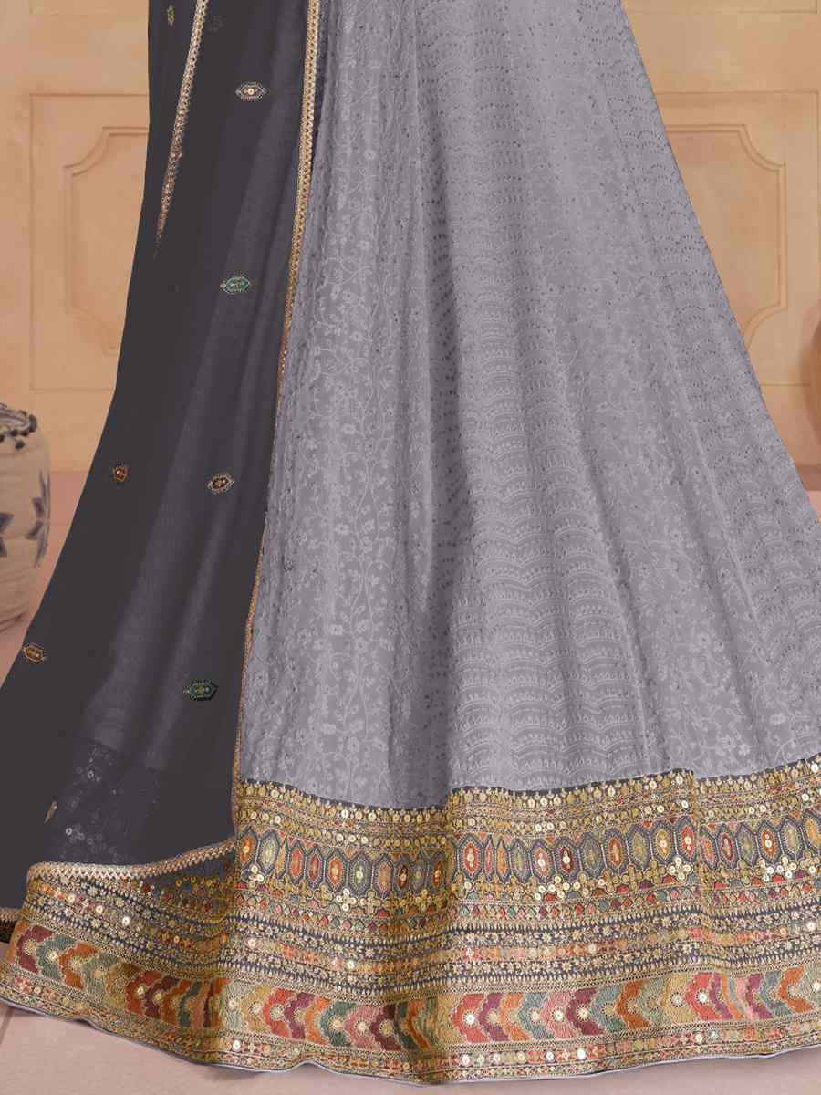 Grey Heavy Faux Georgette Embroidered Festival Wedding Anarkali Salwar Kameez