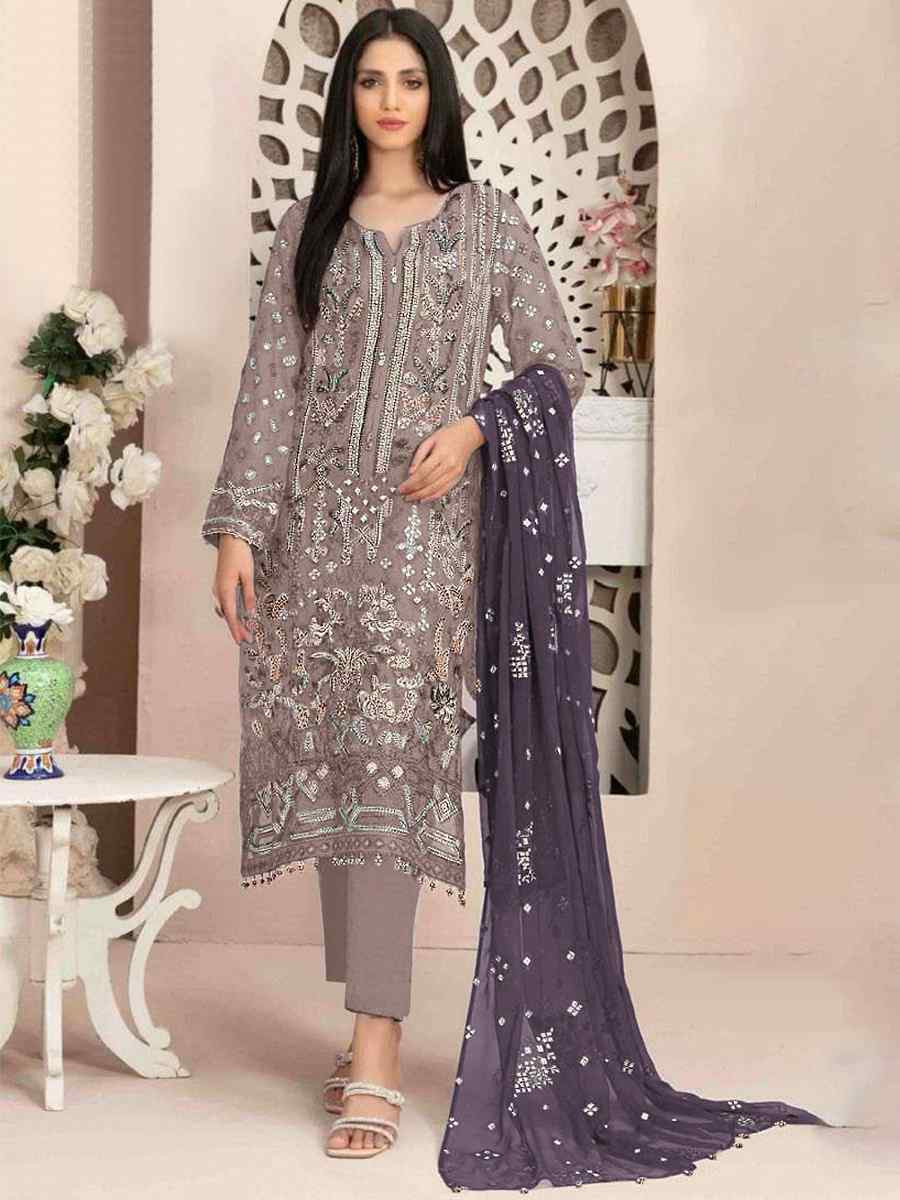 Grey Heavy Faux Georgette Embroidered Festival Wedding Pant Salwar Kameez