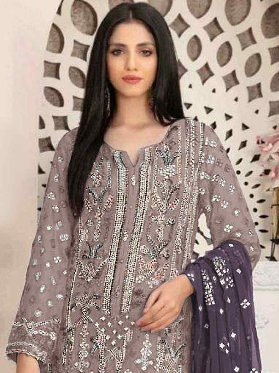 Grey Heavy Faux Georgette Embroidered Festival Wedding Pant Salwar Kameez