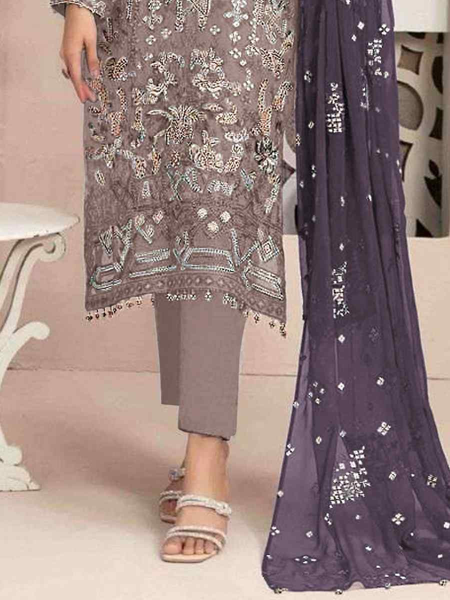 Grey Heavy Faux Georgette Embroidered Festival Wedding Pant Salwar Kameez