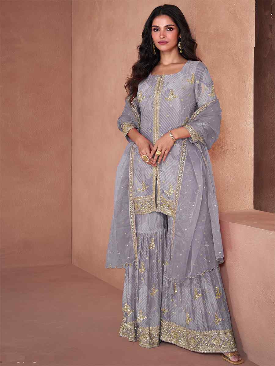 Grey Heavy Faux Georgette Embroidered Festival Wedding Ready Sharara Pant Salwar Kameez