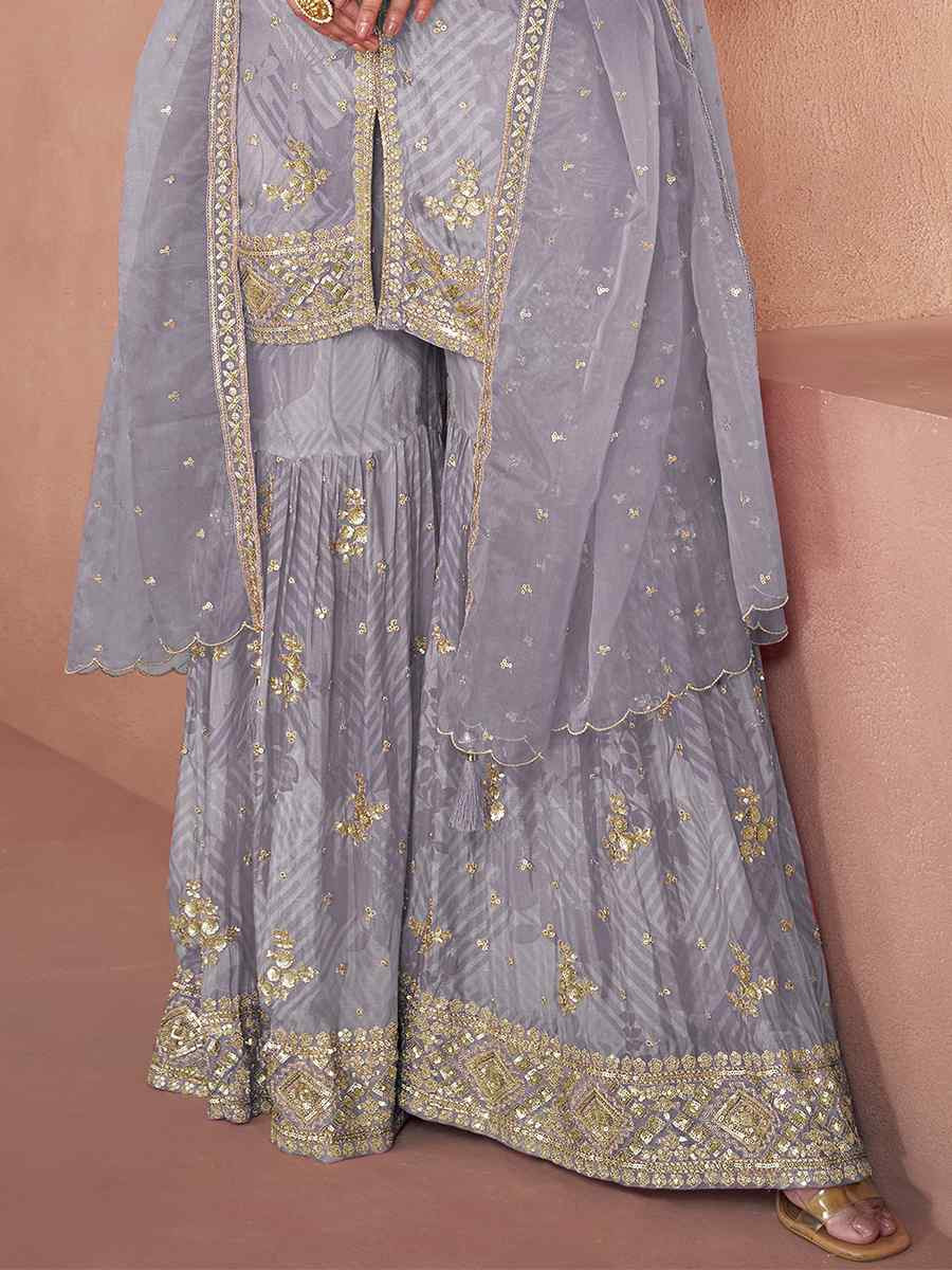 Grey Heavy Faux Georgette Embroidered Festival Wedding Ready Sharara Pant Salwar Kameez