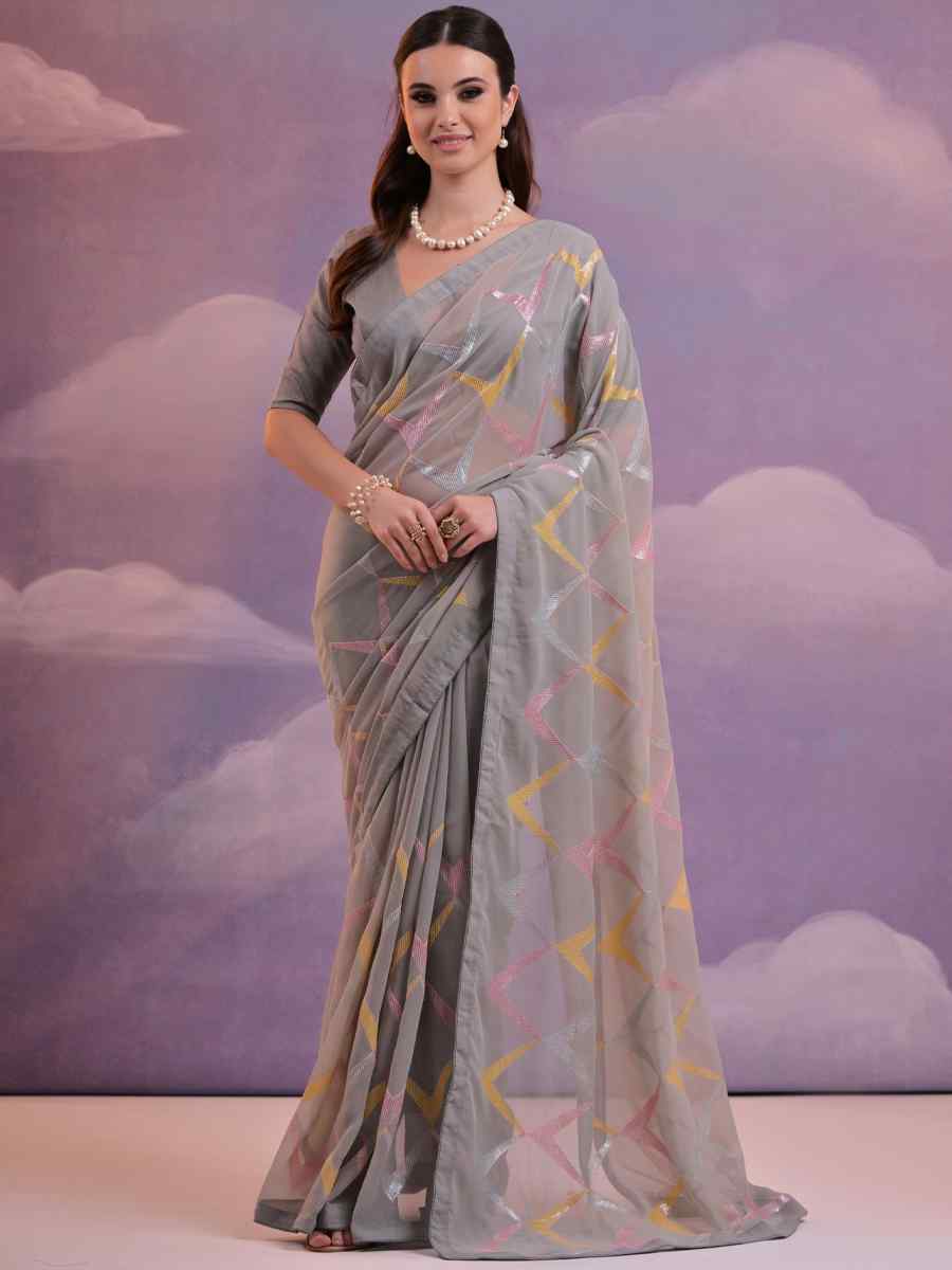 Grey Heavy Georgette Printed Festival Casual Contemporary Saree