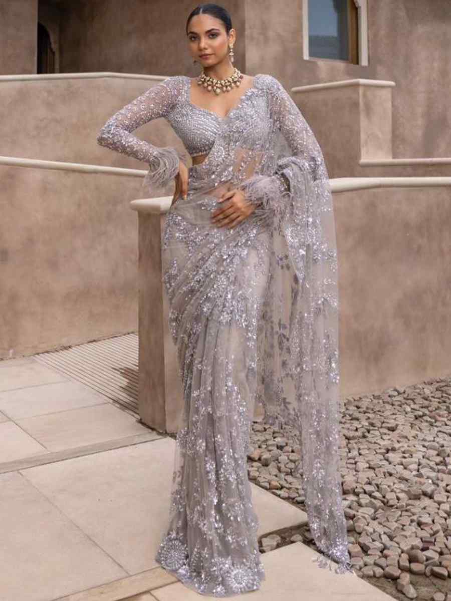 Grey Heavy Nylone Butterfly Net Embroidered Wedding Festival Heavy Border Saree