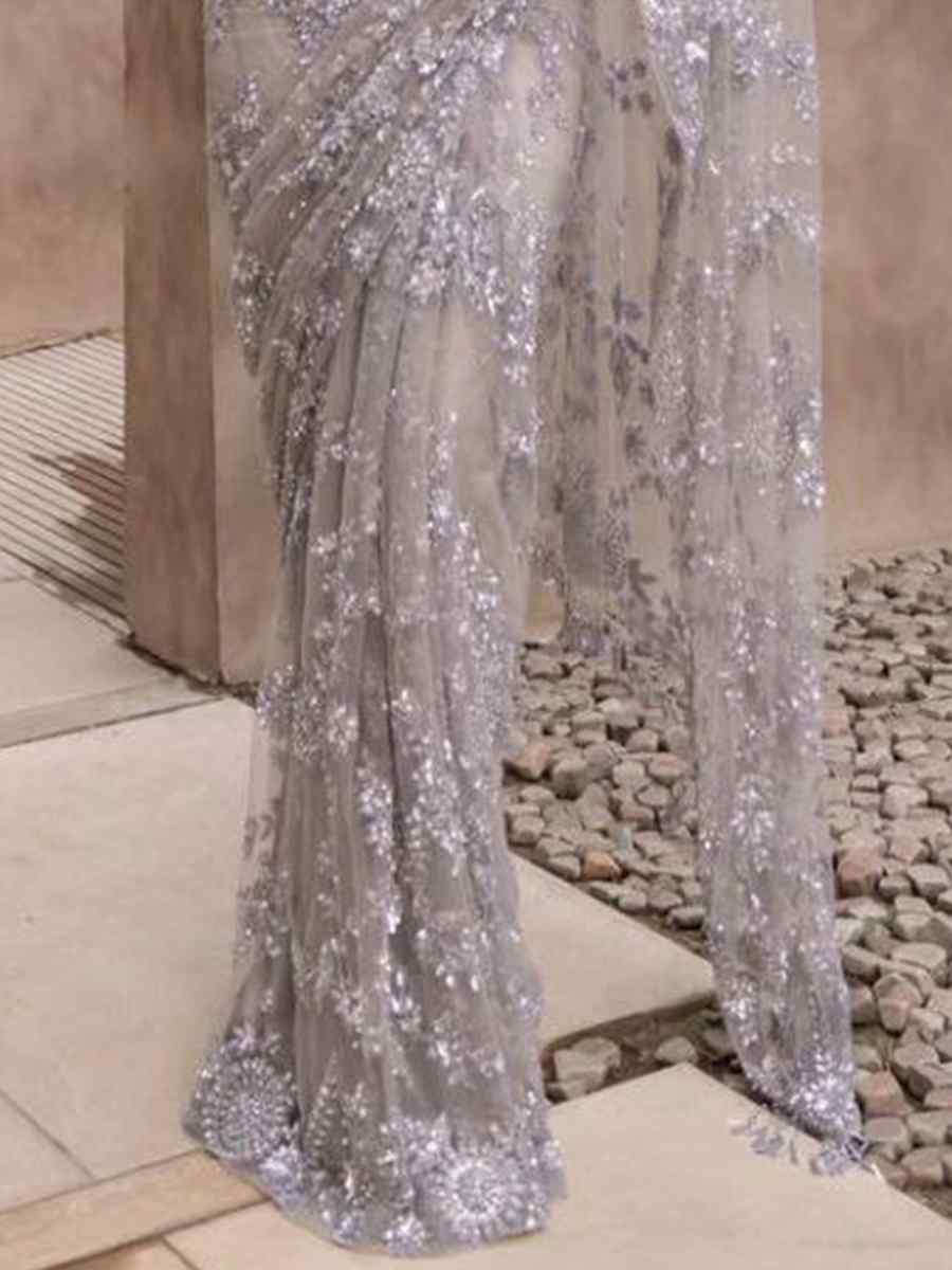 Grey Heavy Nylone Butterfly Net Embroidered Wedding Festival Heavy Border Saree