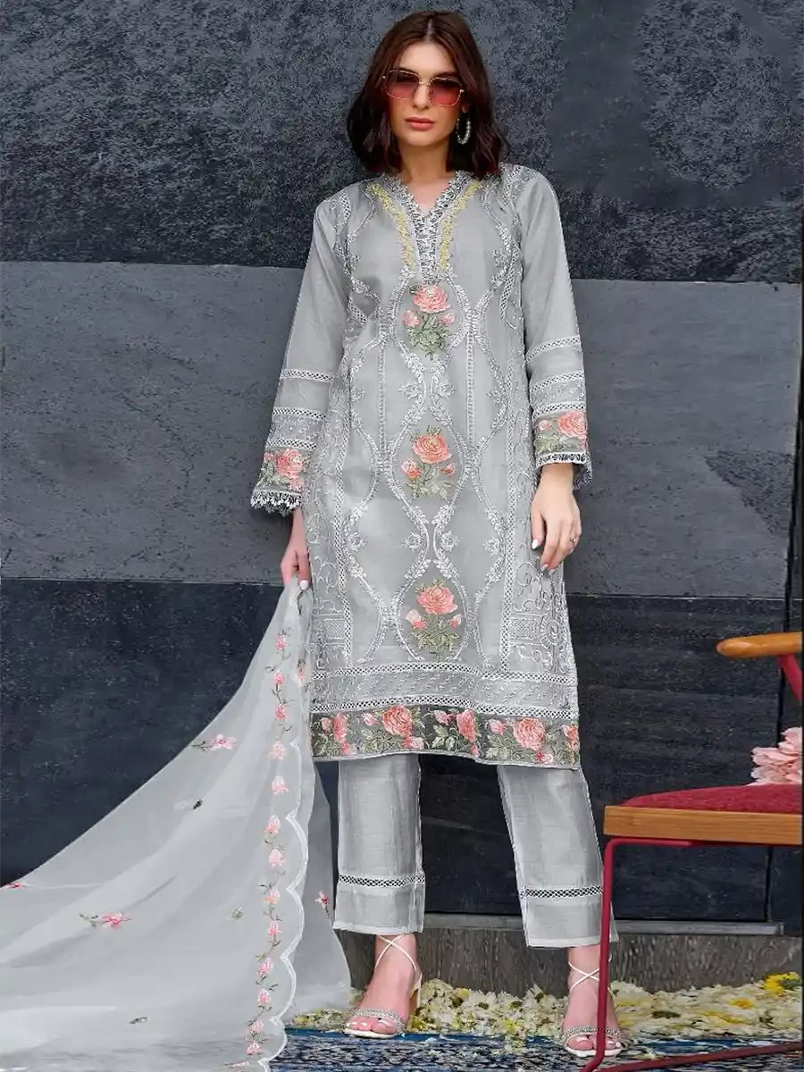 Grey Heavy Organza Embroidered Festival Casual Pant Salwar Kameez