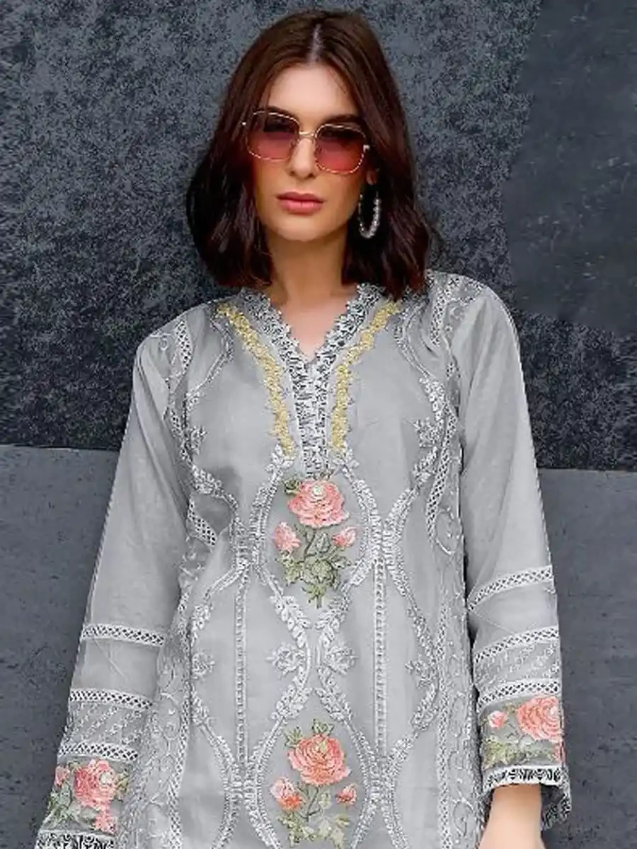 Grey Heavy Organza Embroidered Festival Casual Pant Salwar Kameez