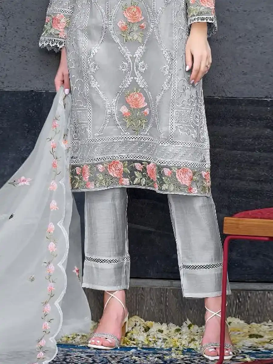 Grey Heavy Organza Embroidered Festival Casual Pant Salwar Kameez