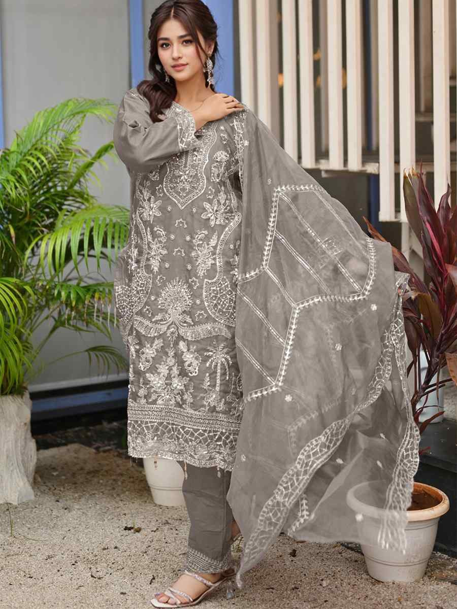 Grey Heavy Organza Embroidered Festival Wedding Pant Ready Salwar Kameez