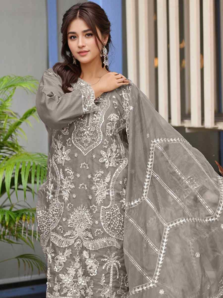 Grey Heavy Organza Embroidered Festival Wedding Pant Ready Salwar Kameez