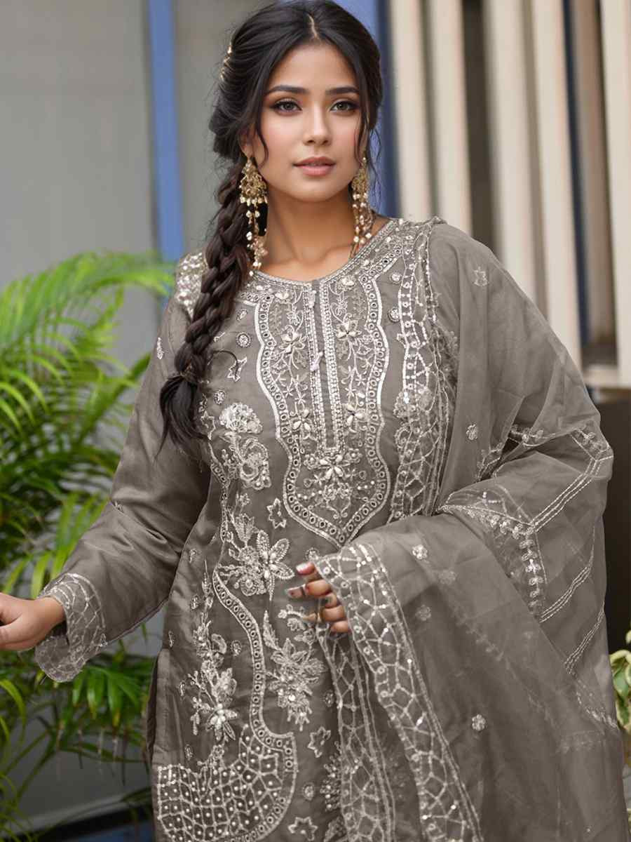 Grey Heavy Organza Embroidered Festival Wedding Pant Ready Salwar Kameez