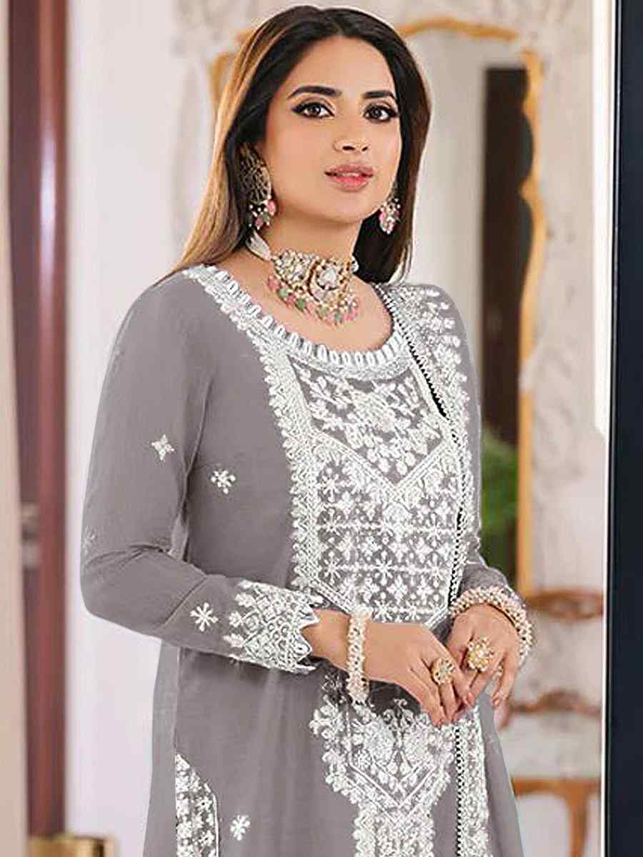 Grey Heavy Orgenza Embroidered Festival Casual Pant Salwar Kameez