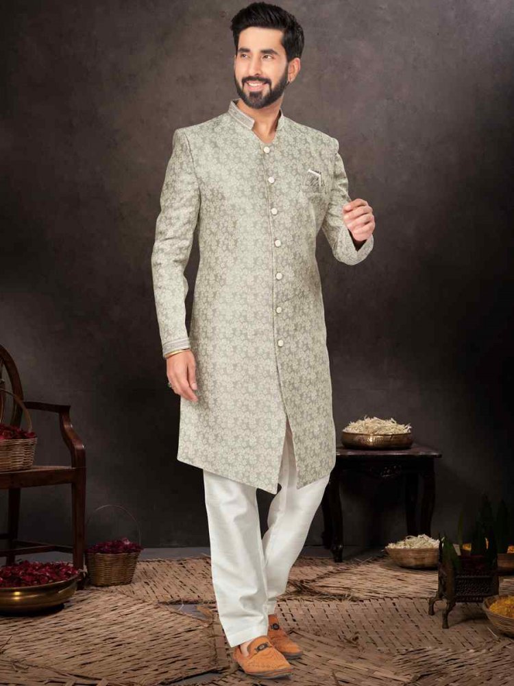 Grey Jacquard Embroidered Festival Wedding Kurta