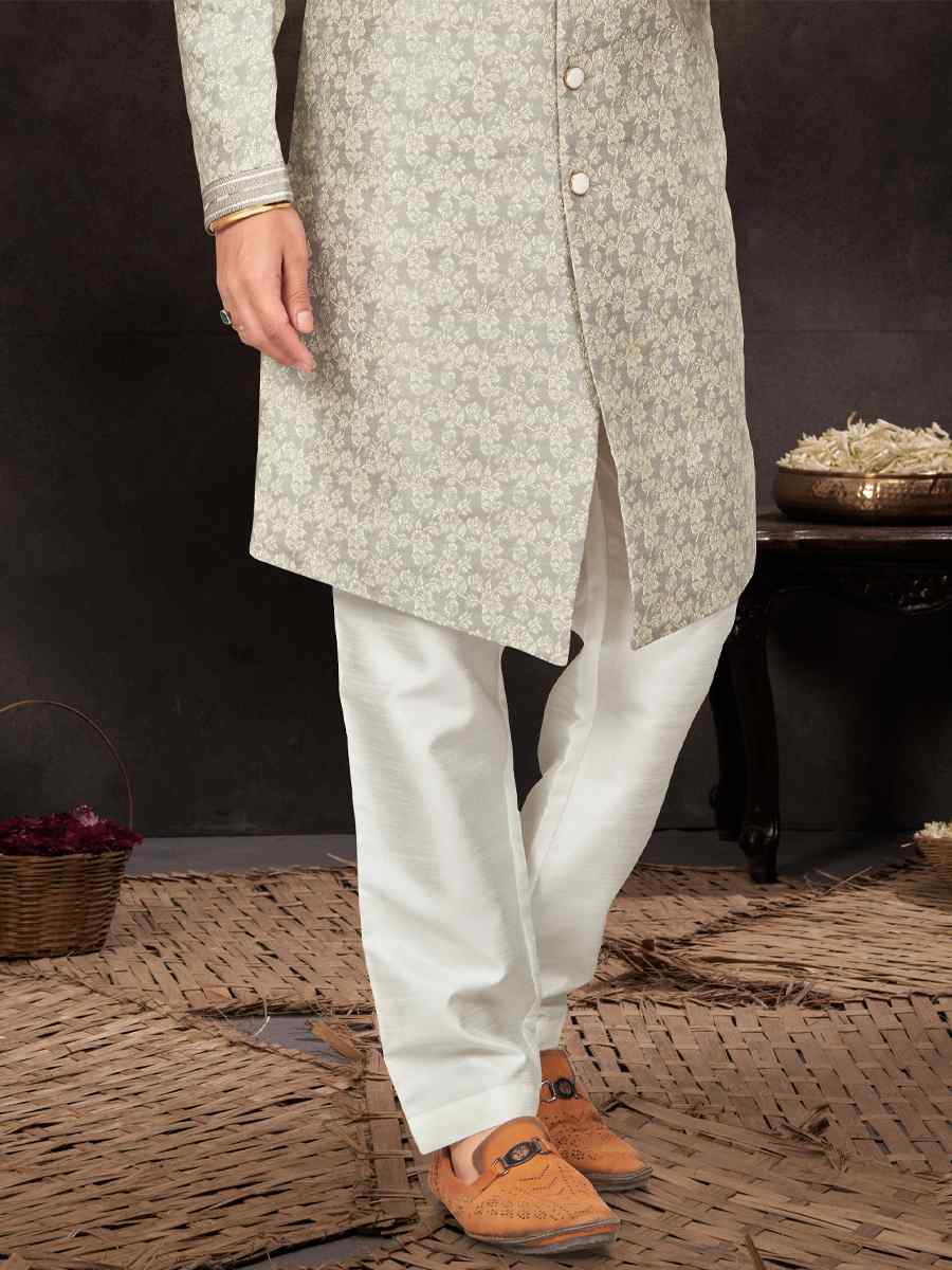 Grey Jacquard Embroidered Festival Wedding Kurta