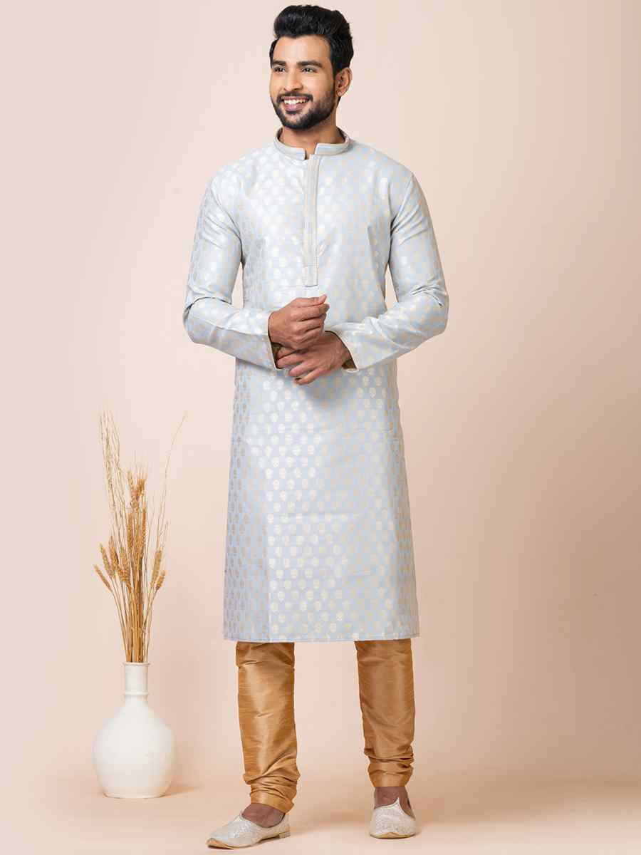 Grey Jacquard Silk Woven Festival Mehendi Kurta