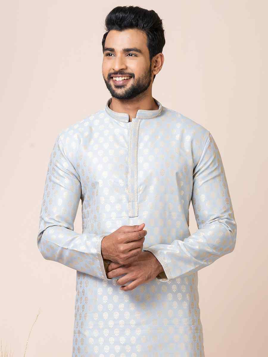 Grey Jacquard Silk Woven Festival Mehendi Kurta