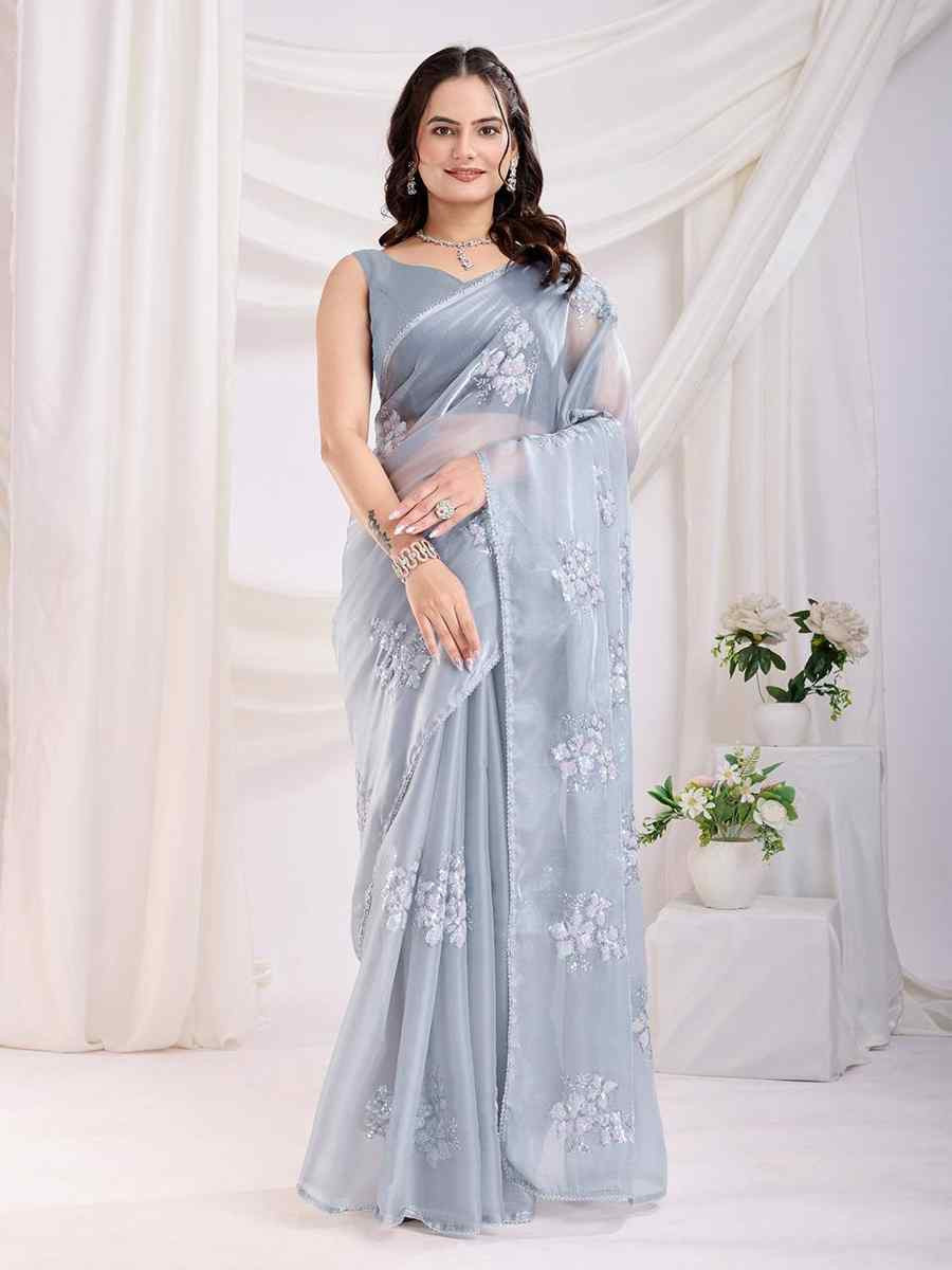 Grey Jimmy Choo Handwoven Festival Wedding Heavy Border Saree