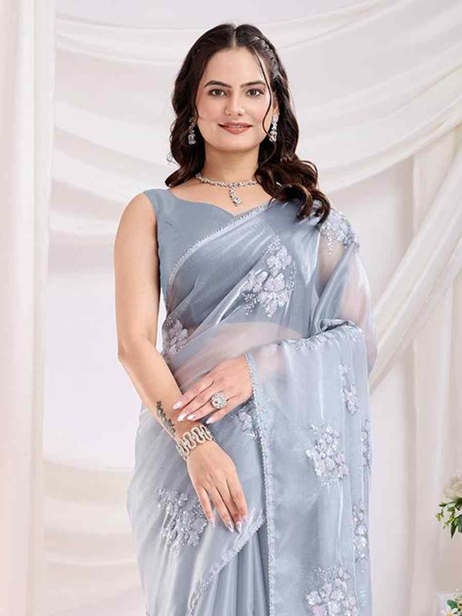 Grey Jimmy Choo Handwoven Festival Wedding Heavy Border Saree