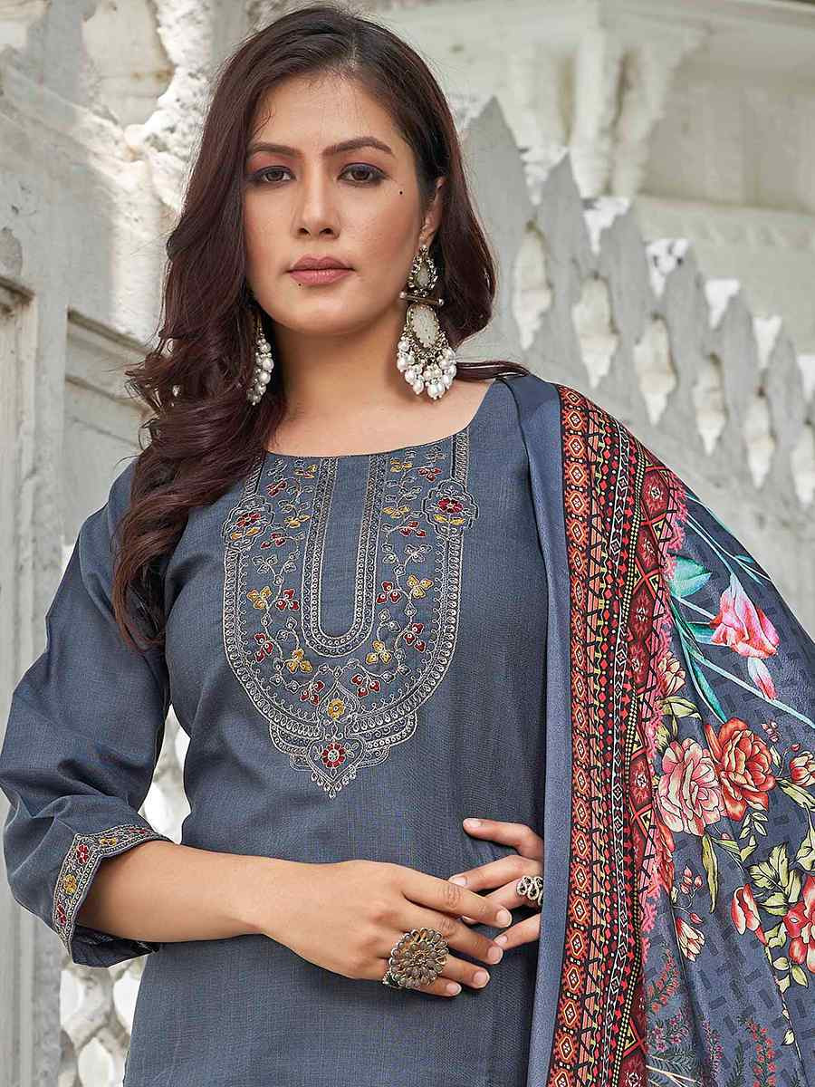 Grey Magic Cotton Embroidered Festival Casual Pant Ready Salwar Kameez